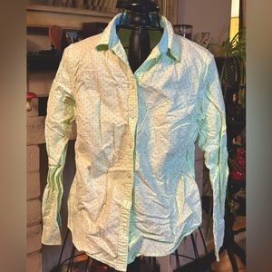 Key lime button down w/ blue polka dots
